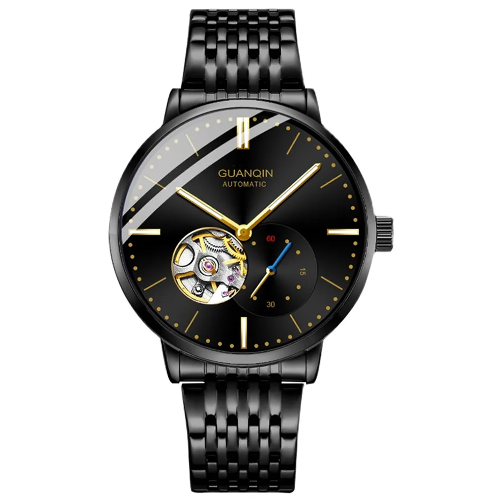Orologio da polso da uomo GUANQIN con scheletro automatico, meccanico, a carica automatica, in acciaio inossidabile, luminoso, stile vintage, con zaffiro e impermeabile_voghion.com