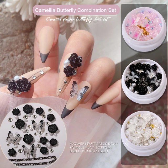 Camellia Flower Nail Charm Combination Set Rhinestone Butterfly