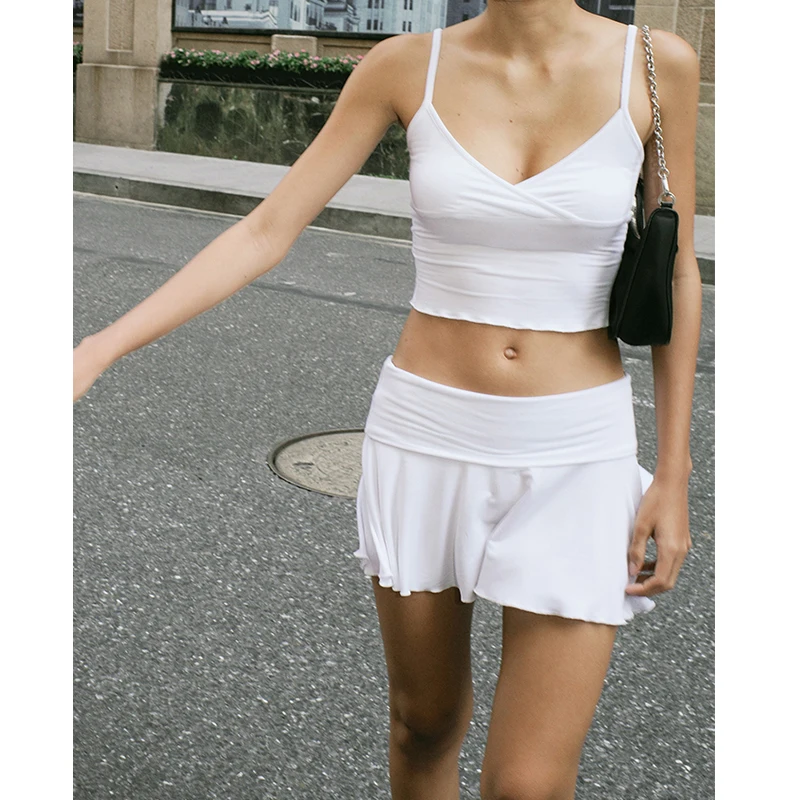 

Women Summer Clothes Set 2 Pieces Loungewear Suits Solid Color V-Neck Camisoles Tank Tops Pleated Skirts Clubwear Outfits