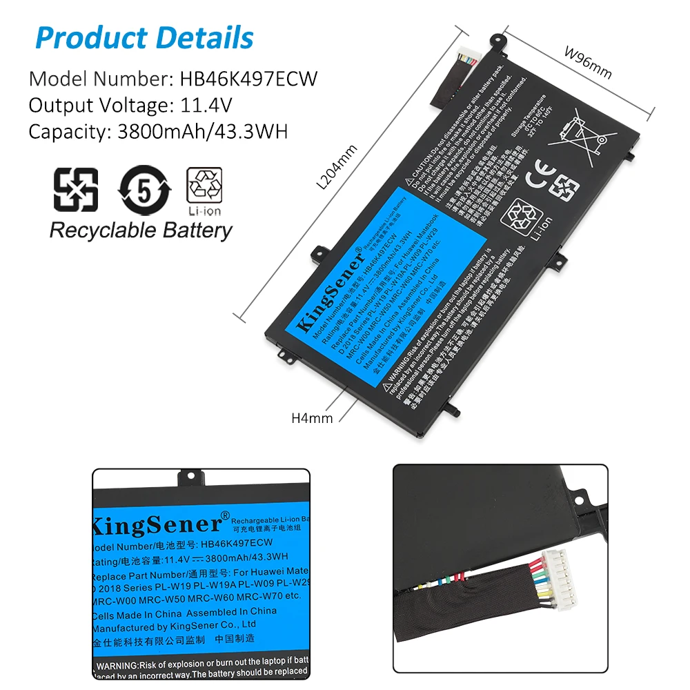 Kingsener Hb46k497ecw Bateria do Portátil para Huawei Matebook d 2023 Pl-w19 Pl-w19a Pl-w09 Pl-w29 Mrc-w50 W60 W70 Series 43.3wh - Imagem 5