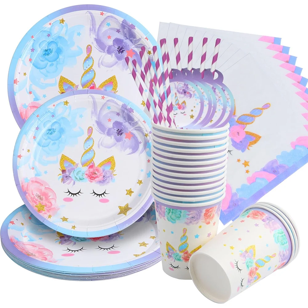 80 Pieces of Unicorn Birthday Decoration Tableware Unicorn Party Tableware Set for 16 Guests Party