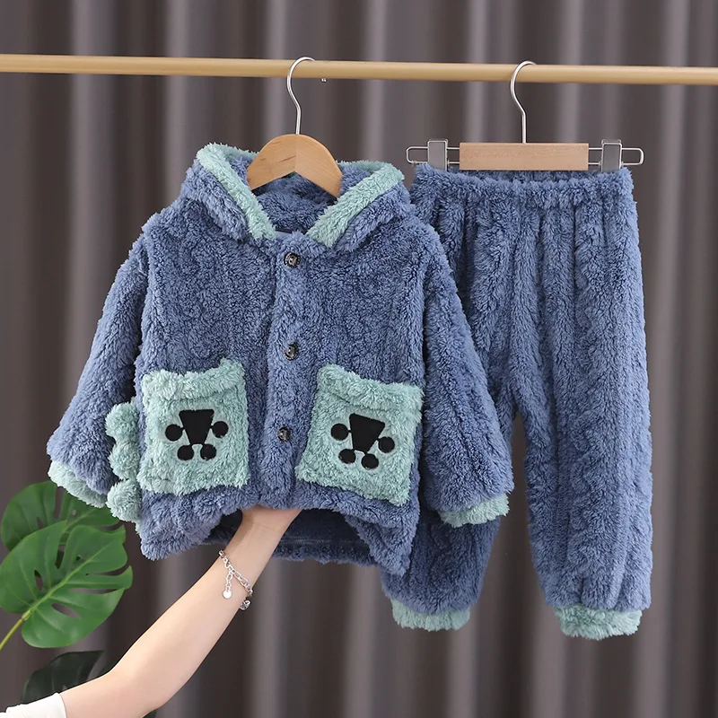 

New Kids Autumn Winter Cartoon Dinosaur Clothing Sets Baby Thicken Warm Flannel Pajamas Boys Fashion Hooded Sleepwear Pyjamas