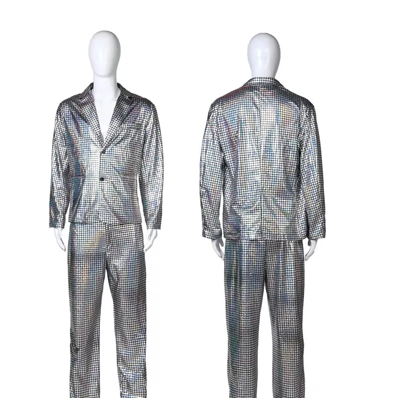 Men's Halloween Rainbow Grid Gold Silver Hot Stamping Stage Nightclub Cool Performance Shiny Suit Jacket + pants 2-piece Set