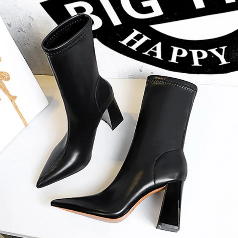 BIGTREE Shoes Fashion High-heeled Boots Pu Leather Boots Thick Heel Ankle Boots For Women Pointed Shoes Autumn Winter Boots 2023