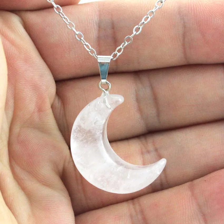 Natural Crystal Stone Crescent Moon Pendant Healing Crystals Quartz Reiki Dangle Hook Earrings Pendant Necklace For Women Girls