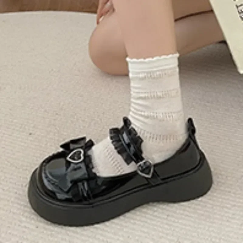 2024 Brand Shoes for Women Spring Women's Pumps Round Toe Solid Mary Jane Platform Mid Heel Bow Tie Love One-word Buckle Pumps 4