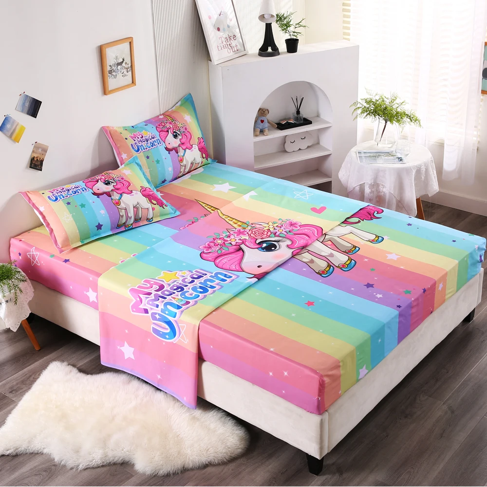 Cartoon Unicorn Sheets Set For Girls Bed Fitted Sheets Pillowcase