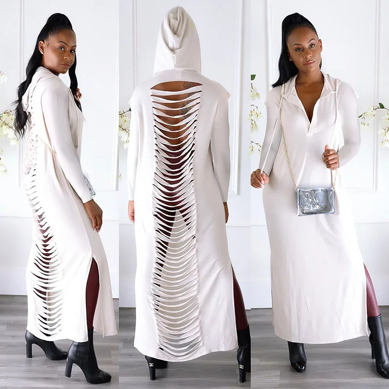 

Осеннее однотонное облегающее Макси-Платье с вырезами на спине и капюшоном для женщин, Элегантное Длинное Платье с V-образным вырезом для ночного клуба, платья