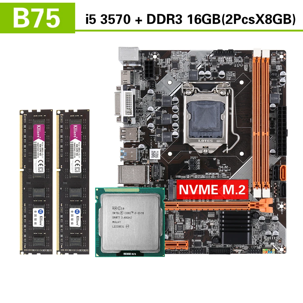 Kllisre B75 motherboard set with Intel Core I5 3570 2x8GB=16GB 1600MHz DDR3 Desktop Memory USB3.0 SATA3 best budget gaming pc motherboard