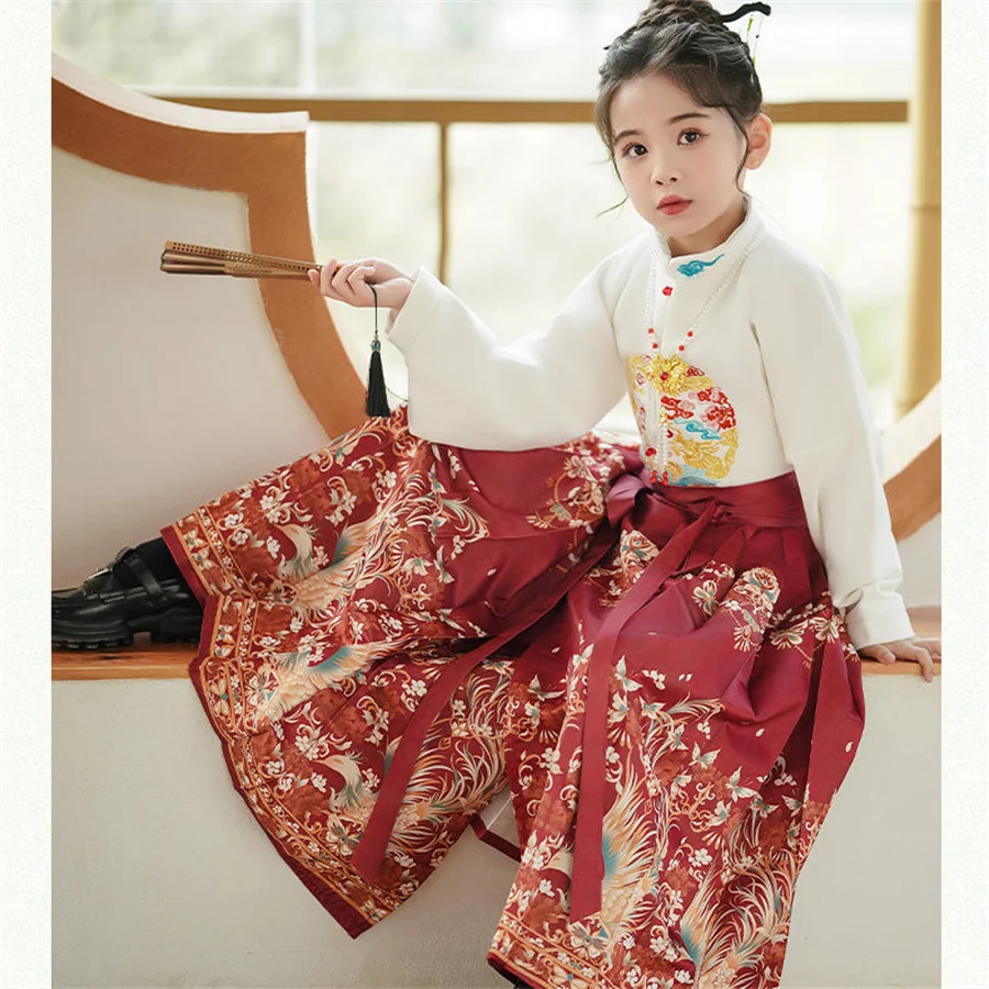 

New Chinese Style Horse Face Skirt For Girls 2024 Summer Ancient Suit Thin Autumn Hanfu Children Ming Tang Dress Cosplay