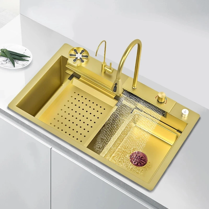 Waterfall Kitchen Sink Gold 304 Stainless Steel Sink Single Slot Waterfall Faucet Modern Multifuctional Washbasin For Kitchen