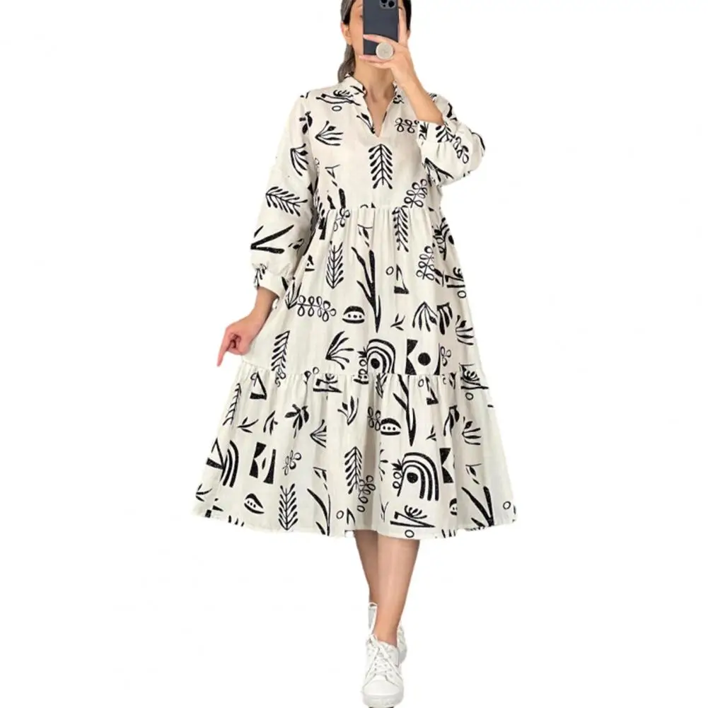 

Women Midi Dress Floral Print Contrast Color High Waist A-line Loose Hem V Neck Three Quarter Sleeve Dress vestidos para mujer