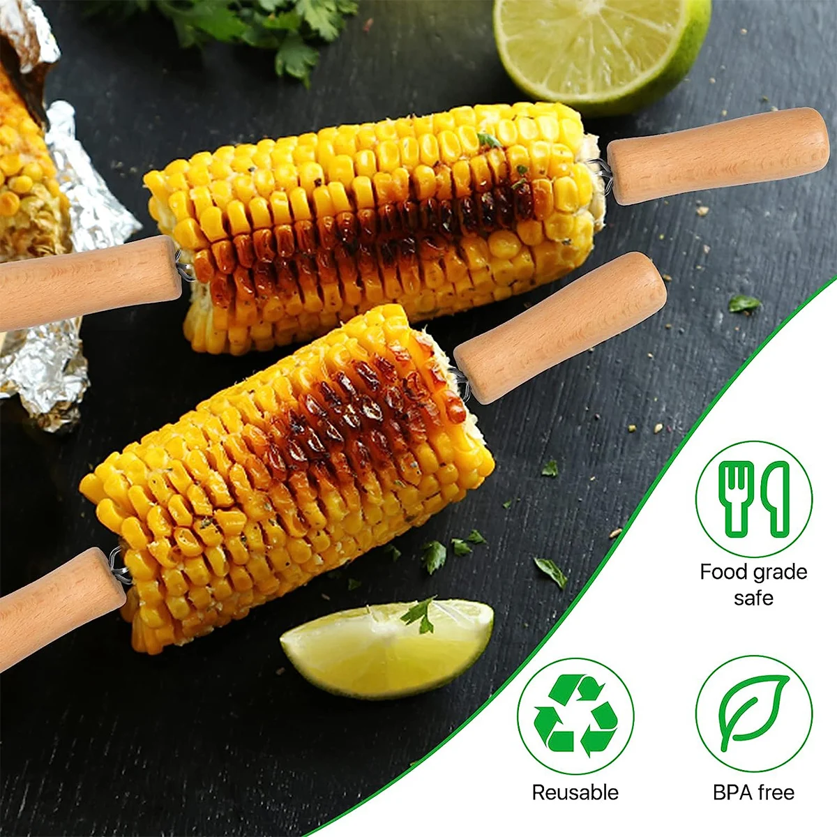 2Pcs Corn Holders Stainless Steel Cob Skewers Fruit Forks Wooden Handle Outdoor BBQ Tools Picnic Cooking Tools