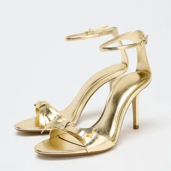 Crazy Gold Ankle Strap Thin Heeled Sandals Women Sexy Open Toe Butterfly Knot Designer High Heels Elegant Banquet Wedding Shoes