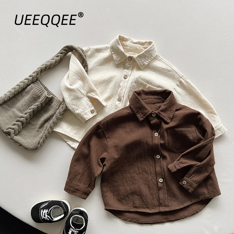 Spring Autumn Children Shirts 1-8Y Boys Cotton Pocket Solid Daily Long Sleeve Tops Korean Kids Wear Toddler Clothing New