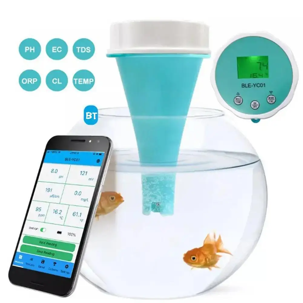 

6 In 1 Pool Water Quality Monitoring PH EC APP Backlight Temperature TDS Viewin LCD Testing Chlorine Display Remot R6M6