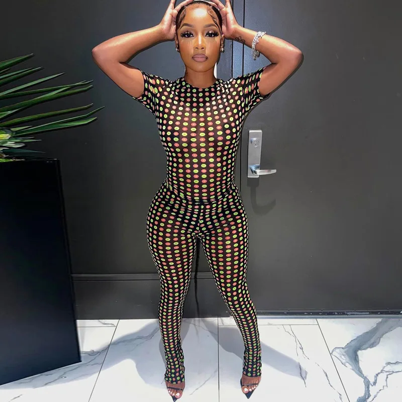 

Polka Dot Printed Women 2 Piece Set Fitness Short Sleeve Skinny Sweatshirt Pencil Pants Matching Set 2023 Summer Workout Outfits