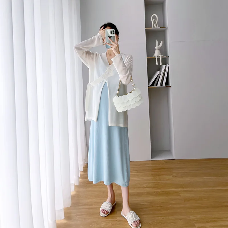 Summer Pregnant Women's Clothes Set Long Sleeve Cardigans+Strap Dress Twinset Soft Slit Short Jackets Blue Dress Korean Version