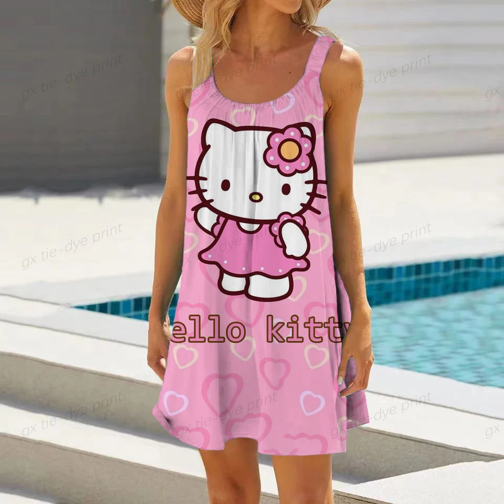 

Женское платье миди с принтом Hello Kitty, повседневное праздничное платье с рукавами-фонариками и высокой талией в стиле бохо, одежда для женщин, Новинка лета 2023