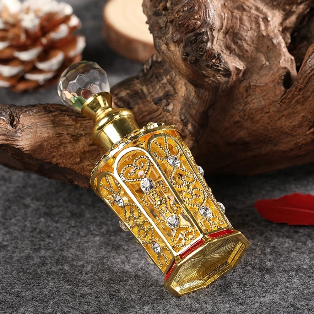 Botella de Perfume chapada en oro de 12ML, tapa de cristal con grabado de diamantes, Estilo Vintage, Boca Grande, Sub-embotellado, aceite esencial, regalo de belleza