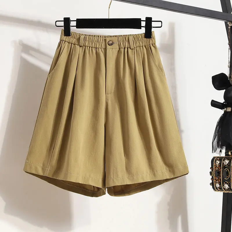 Summer Women's Clothing Solid Color Elastic Button High Waist Pockets Casual Loose Wide Leg Streetwear Commuter Trendy Shorts