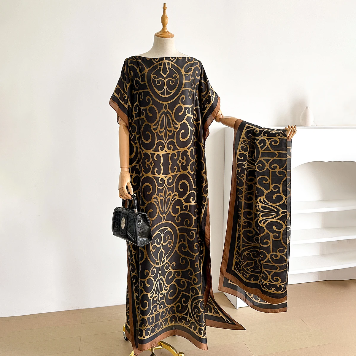 NEW Fashion Summer Print Dress With Big Scarf Dubai Turkey Kaftan Muslim Loose Abaya Women African Casual Paisley Shawl Robe