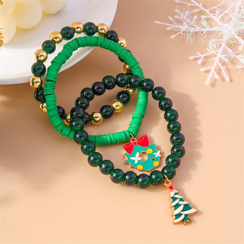 3-teiliges Set Trendige Weihnachtsbaum-Kranz-Armbänder für Frauen Bobo Handgefertigte Grüne Perlen-Armbänder Mädchen Party Festival Schmuck Geschenke – Detail 4