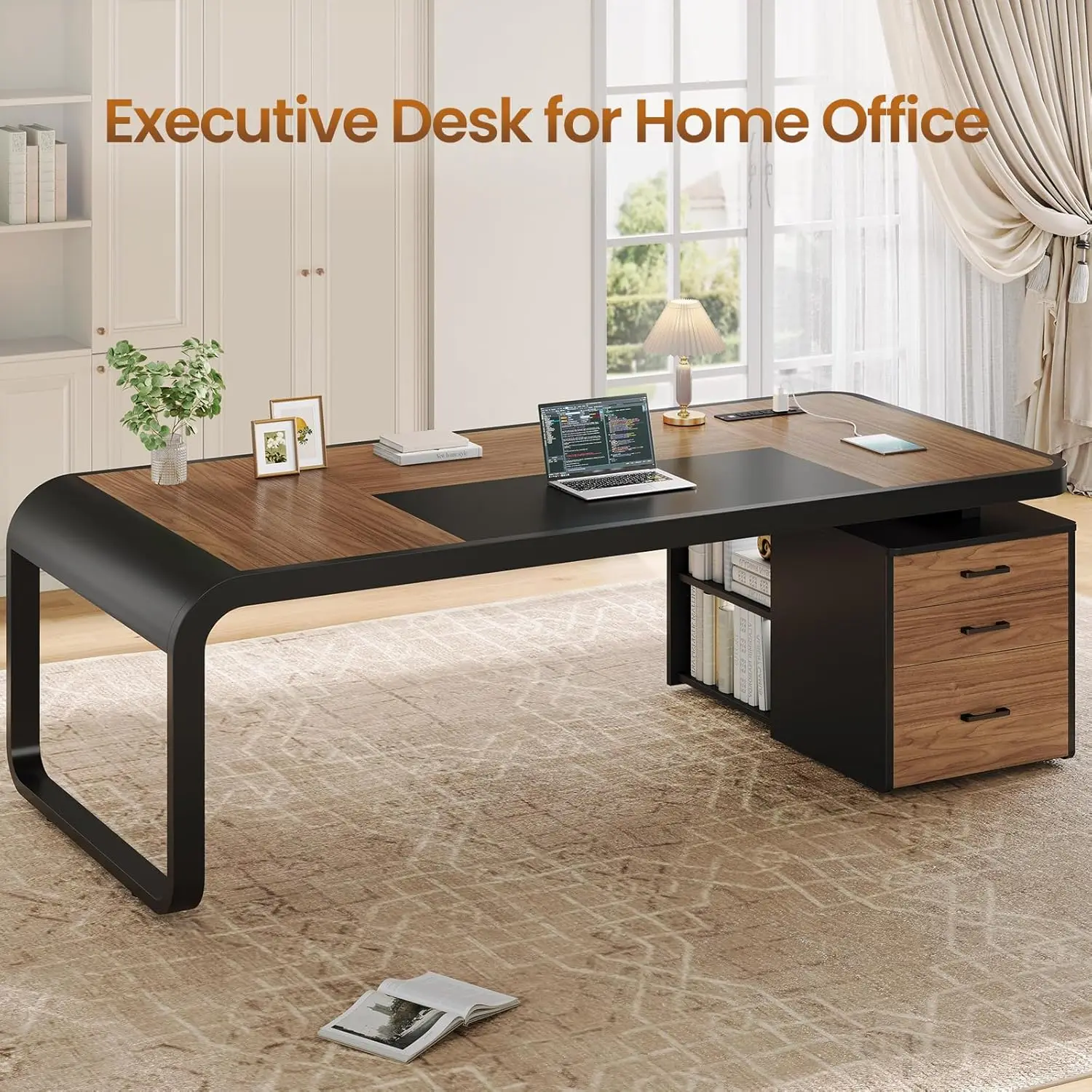 70.9" Executive Desk, Large Computer Desk with Drawers and Lateral File Cabinet, Office Desk with Removable Shelves