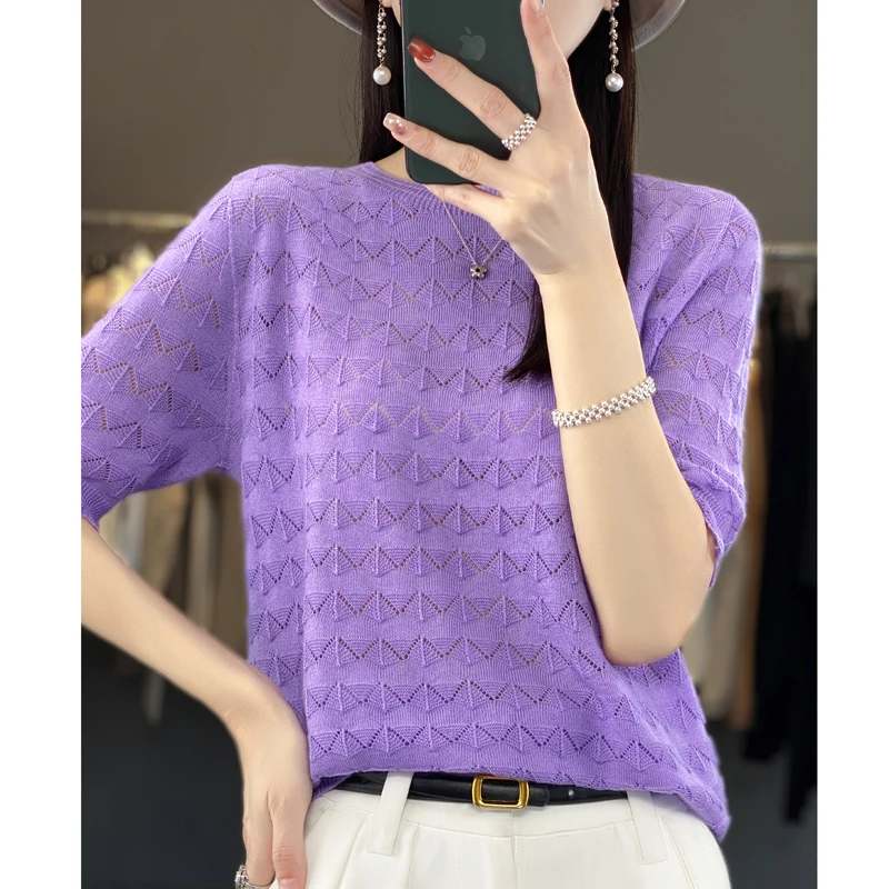 Summer Woman's t-shirt New Fashion Short Sleeve Tank Korean One-line Knitted Seamless Hollow Out Loose Solid Tee Shirt Top White