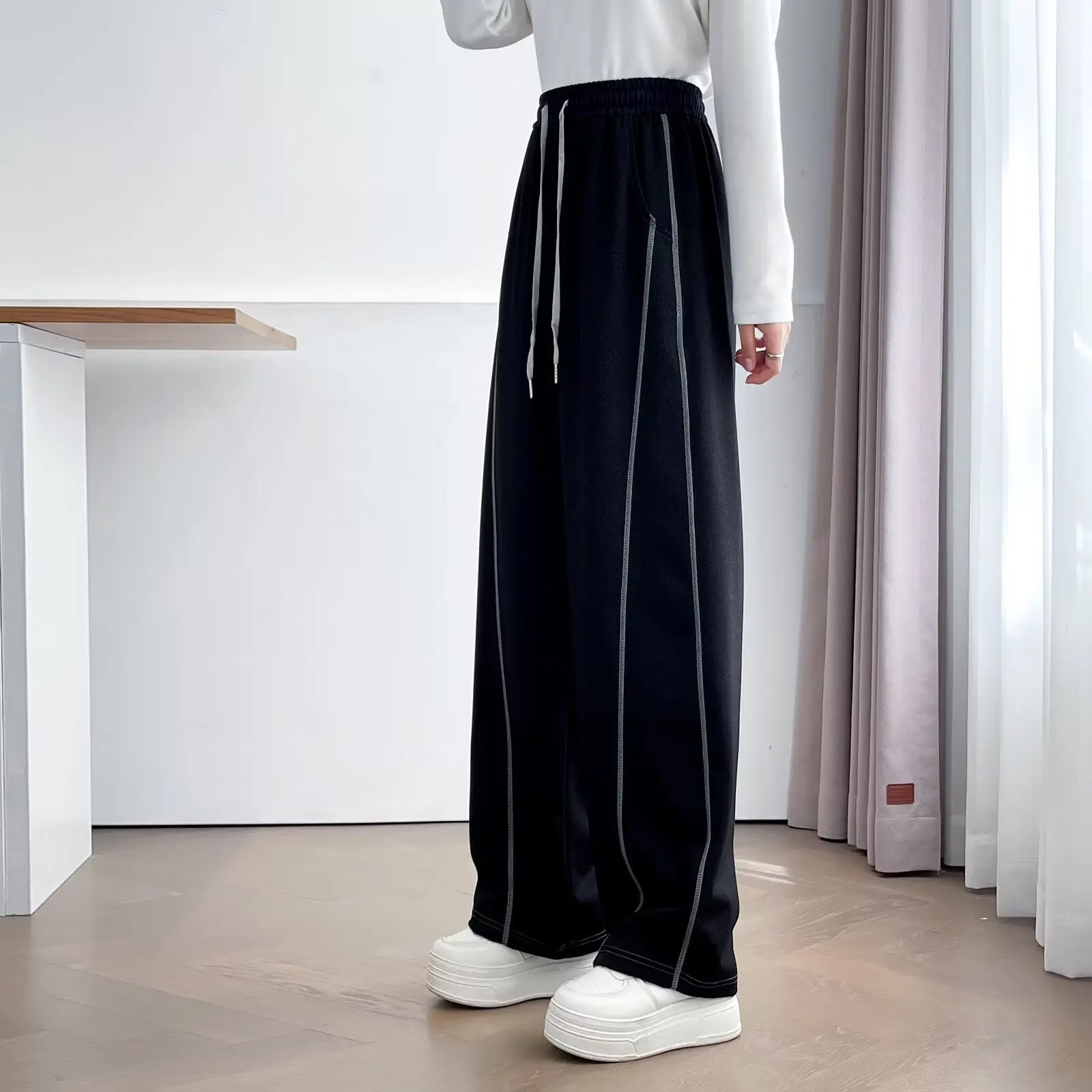 Plus Size Women's Straight Pants Autumn New Style Bright Line Casual Wide Leg Trousers 016