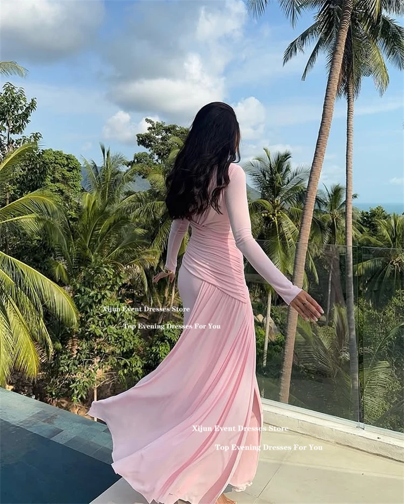 Women Prom Dresses Long Evening Pleated Full Sleeves Dubai Saudi Arabric Floor Length