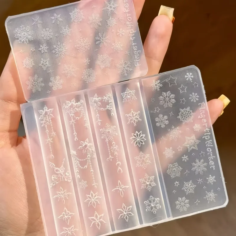 섬세한 겨울 눈꽃 체인, 별 모양 플러시 리본, 3D 네일 장식, 투명 실리콘 몰드