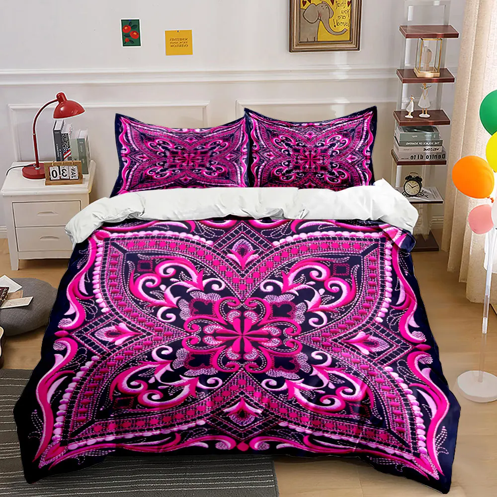 Boho Mandala Embroidery Pattern Bedding Set, Symmetrical Ethnic Floral Print Duvet Cover Set, Bohemian Soft Microfiber Bed 3pcs 1