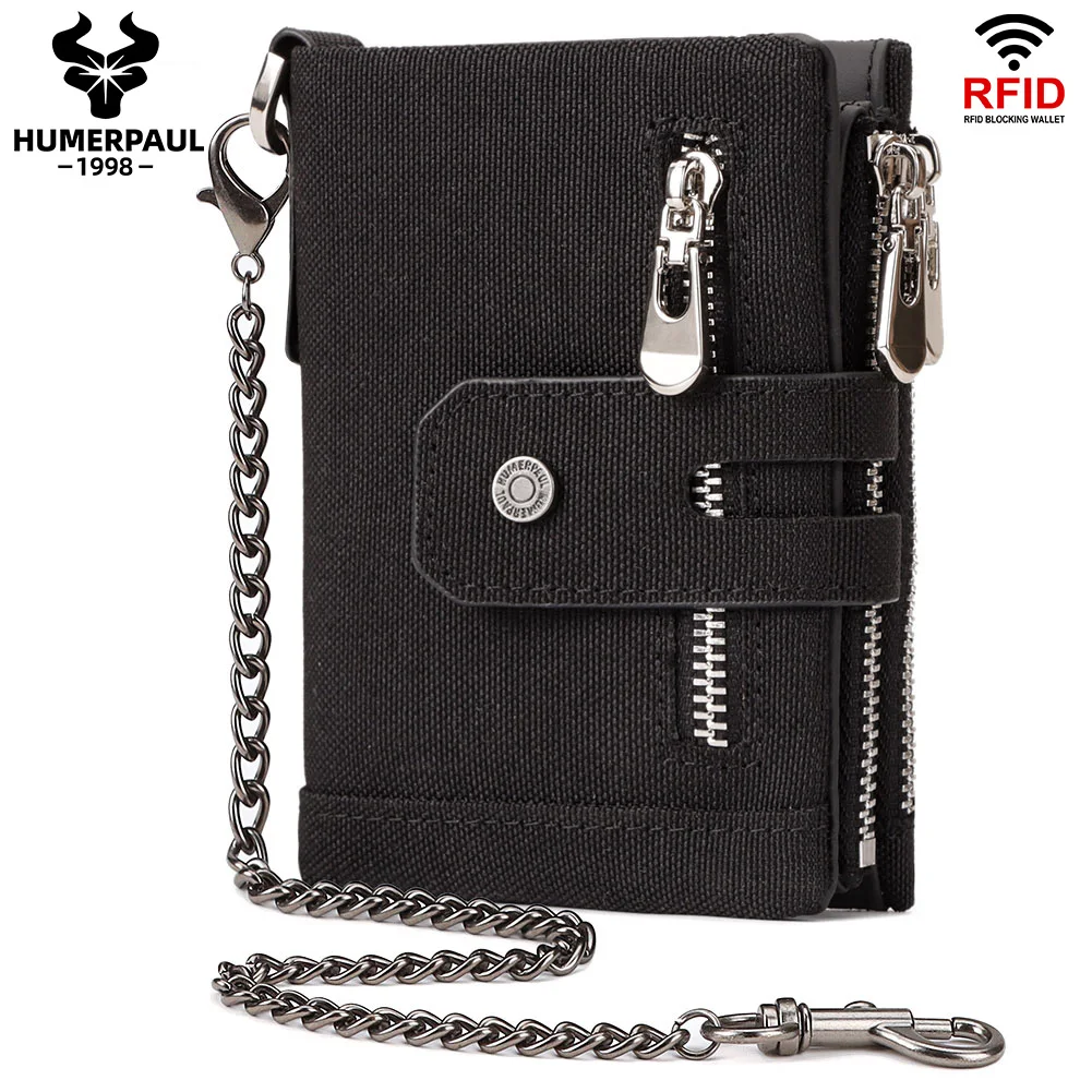 Oxford Men's RFID Blocking Wallet with Zippered Coin Purse and Classic Biker Chain Design
