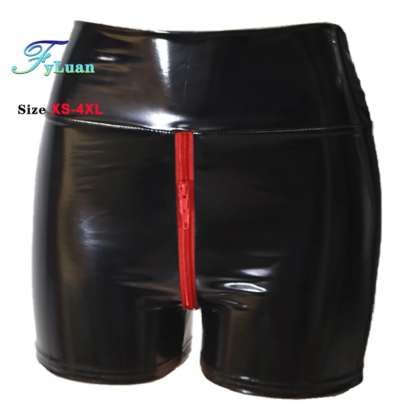 Red Shine PU Double Zipper Women Shorts Butt Lift Slim Shorts Vintage High Waist Elastic Tights Pants Pole Dance Clubwear