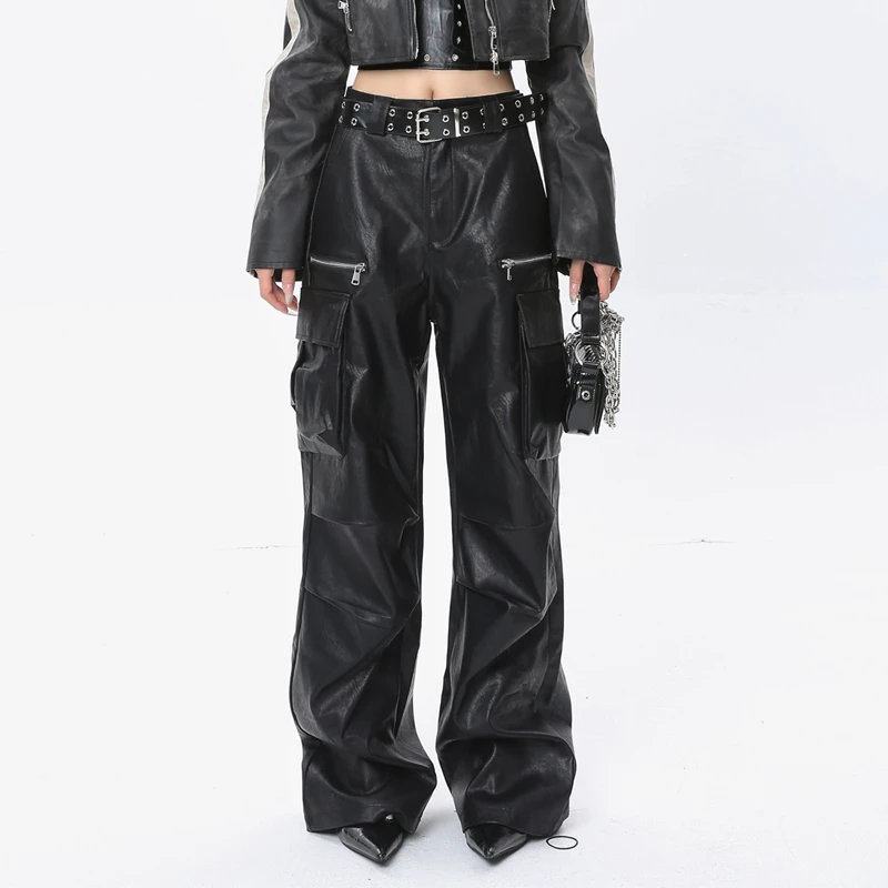 

27-43 Autumn High Street Large Pocket Functional Style Leather Cargo Pants Loose Wide Leg Pu Leather Trousers Women Man Clothing