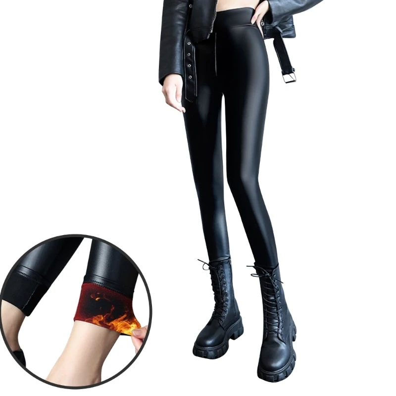 

Women's High Waist Leggings Soft Thin Fleece Warm Leggings Black Winter Leggings Sexy PU Leather Tights for Daily Sport