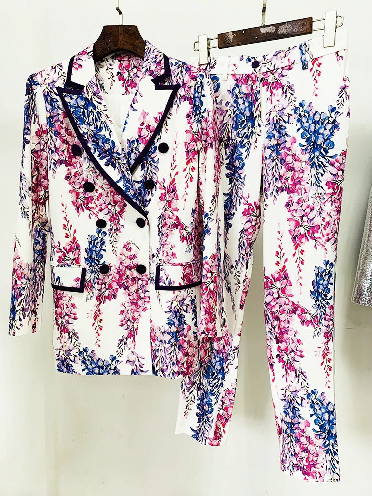 HIGH STREET 2026 Fashion Designer Runway Suit Set Women's Double Breasted Gorgoues Floral Printed Blazer Pants Suit