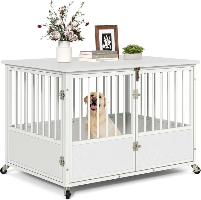 43" Dog Crate Furniture with Wheels, Heavy Duty Wood Dog Cage Table with Double-Doors Chew-Resistant Wooden Dog Kennel