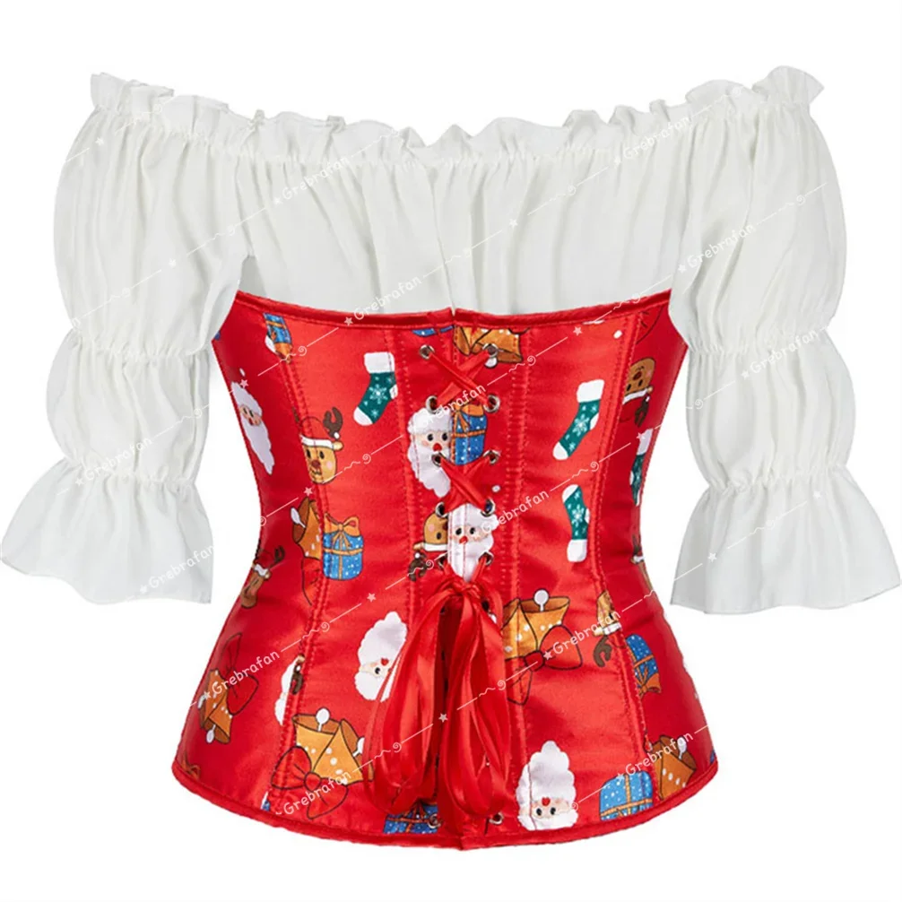 Women Christmas Corsets with Pirate Blouse Santa Printing Bustiers Burlesque Corset Corsage Role Playing Costumes Sexy Plus Size