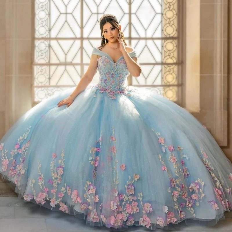 

Sky Blue 3D Floral Lace Princess Quinceanera Dresses Ball Gown Off The Shoulder Beads Tull Corset Sweet 15 Vestidos De XV Años