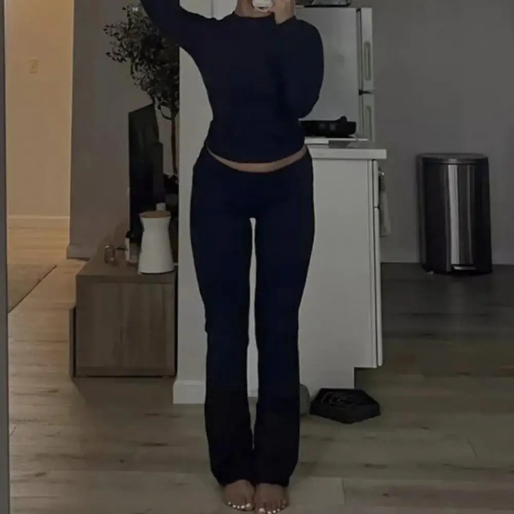 

Женский Брючный комплект, Женский облегающий комплект из топа и брюк в стиле ретро, одежда для йоги с высокой талией и длинными рукавами, мягкая повседневная одежда