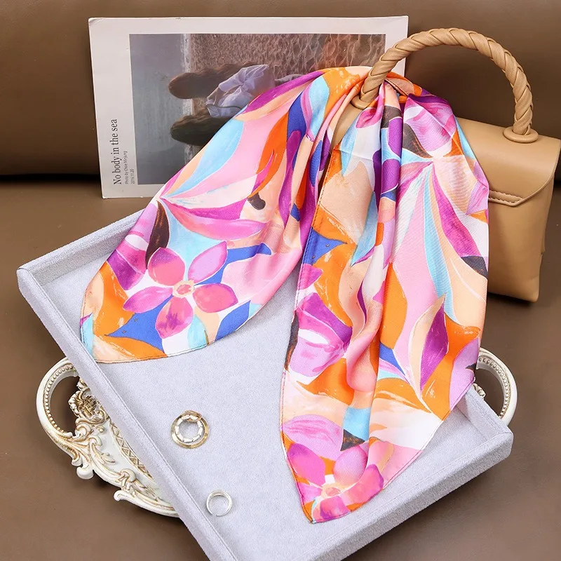 70cm Colorful Graffiti Silk Scarf Flowers and Leaves Square Scarfs Women's Trendy Versatile Clothing and Bag Decorative Scarf 3