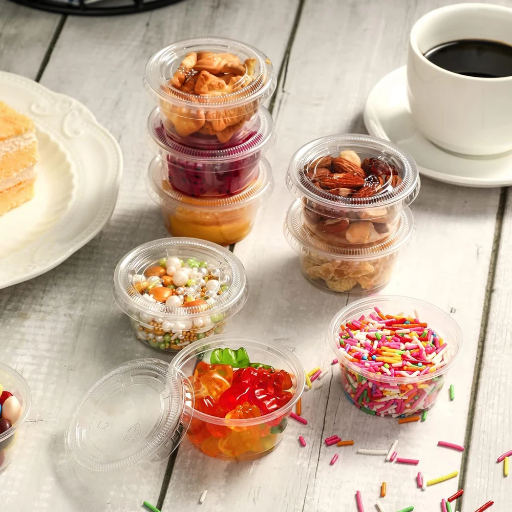2OZ Jello Shot Cups, Small Plastic Containers with Lids, Airtight and Stackable Portion Cups, Salad Dressing Dipping Sauce Cups