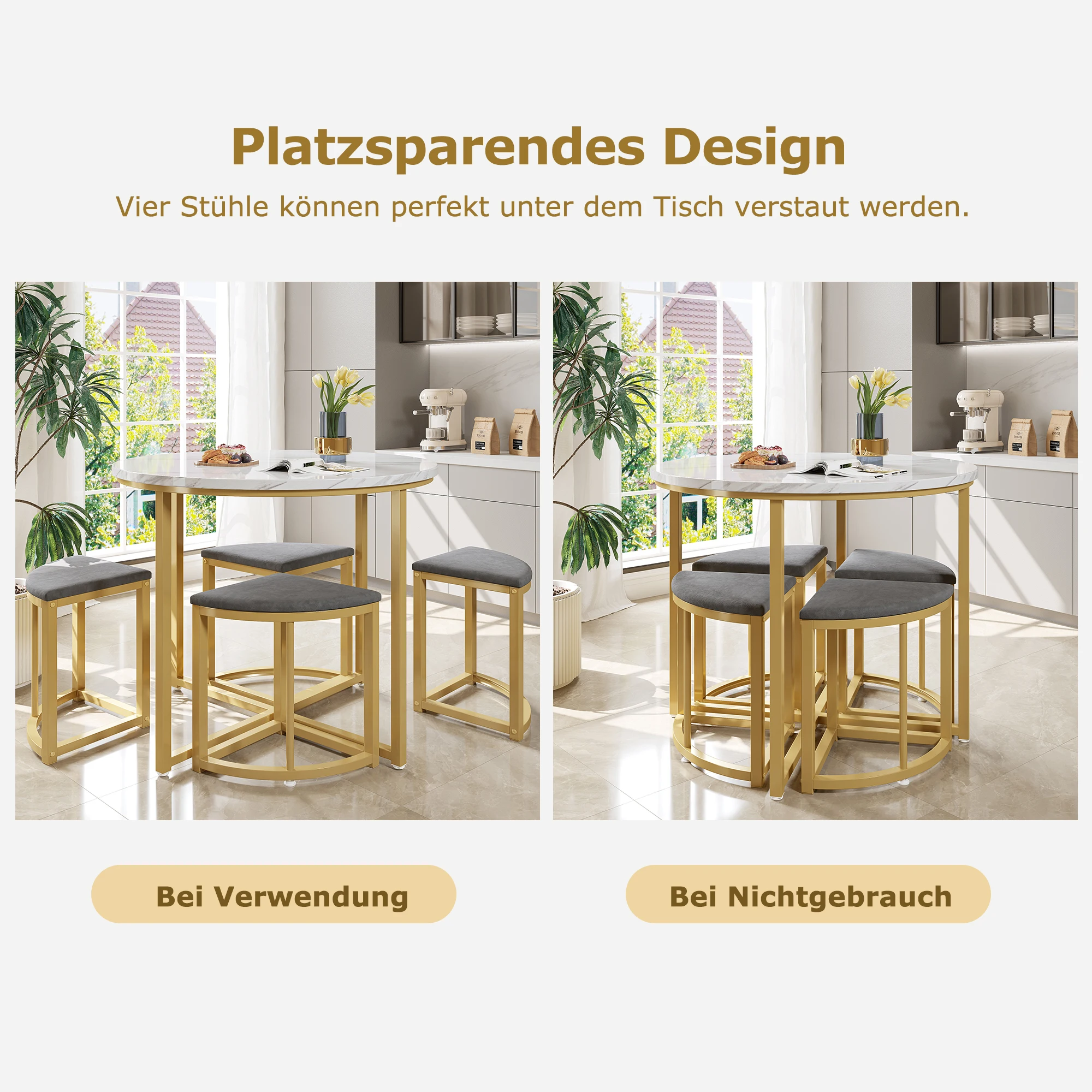 Moderner Luxustisch und Stühle, bestehend aus 1 Esstisch-Set und 4 Stühlen, Essgruppe mit MDF-Tischplatte und vergoldetem Eisenrahmen – Detail 1