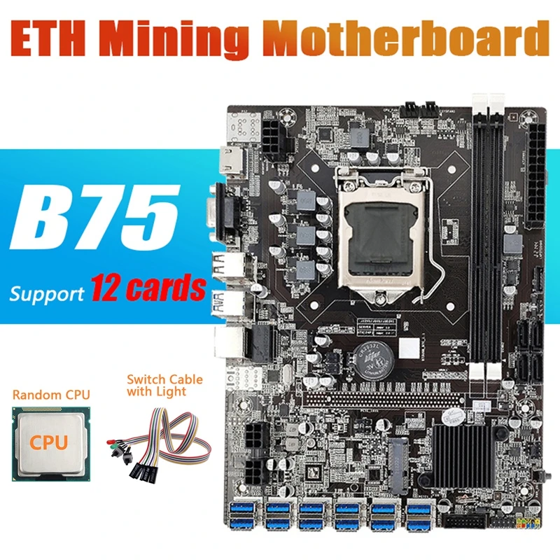 computer mother board ETH B75 Mining Motherboard 12 PCIE to USB with CPU+Dual Switch Cable with Light LGA1155 MSATA DDR3 B75 BTC Motherboard motherboards computer