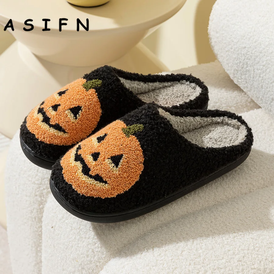 

ASIFN Fuzzy Winter Slippers Pumpkin Halloween Women Slippers Soft Plush Cozy Indoor Home Footwear Cool for Gift Warm Houseshoes