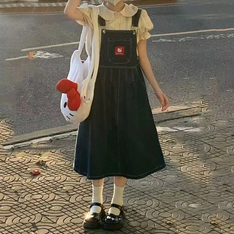 

Kawaii Sanrio Anime Hello Kitty Strappy Skirt Suit Cute Cartoon KTcat Comfortable Denim Skirt Shirts Girls Clothing