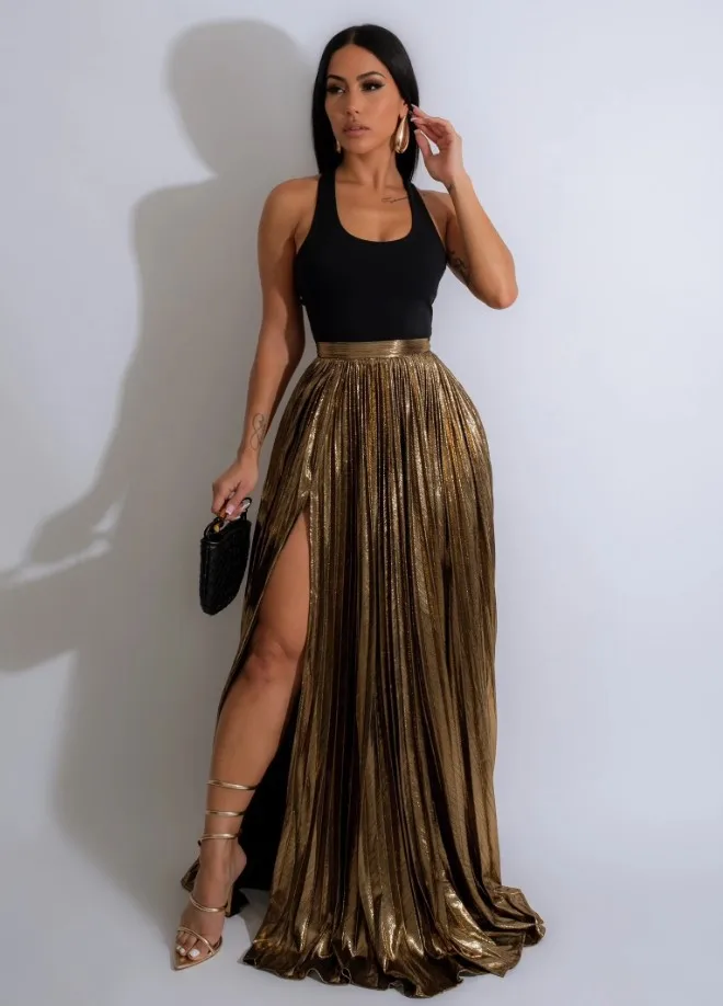 Women's Sexy Two Piece Set Outfit Sleeveless Tank Top+High Waisted Split Pleated Gilding Maxi Skirt Suit 2024 Fashion Streetwear hot sales women summer floral print round neck sleeveless loose pleated plus tank dress