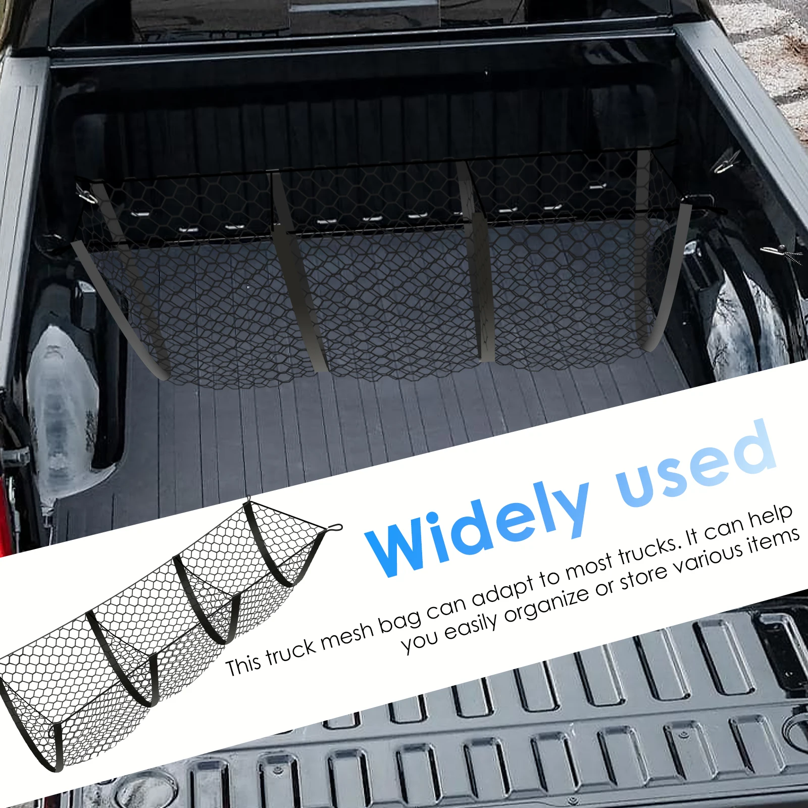 3 Pocket Cargo Net Truck Bed Rear Cargo Storage Mesh Netting with Elastic Strap Truck Accessories Bed Grocery Holder for SUV Car